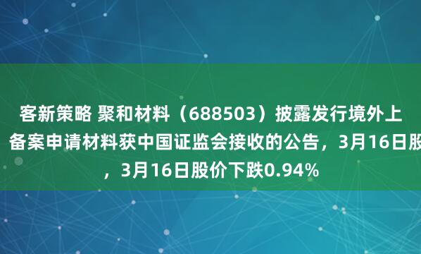 客新策略 聚和材料（688503）披露发行境外上市股份（H股）备案申请材料获中国证监会接收的公告，3月16日股价下跌0.94%